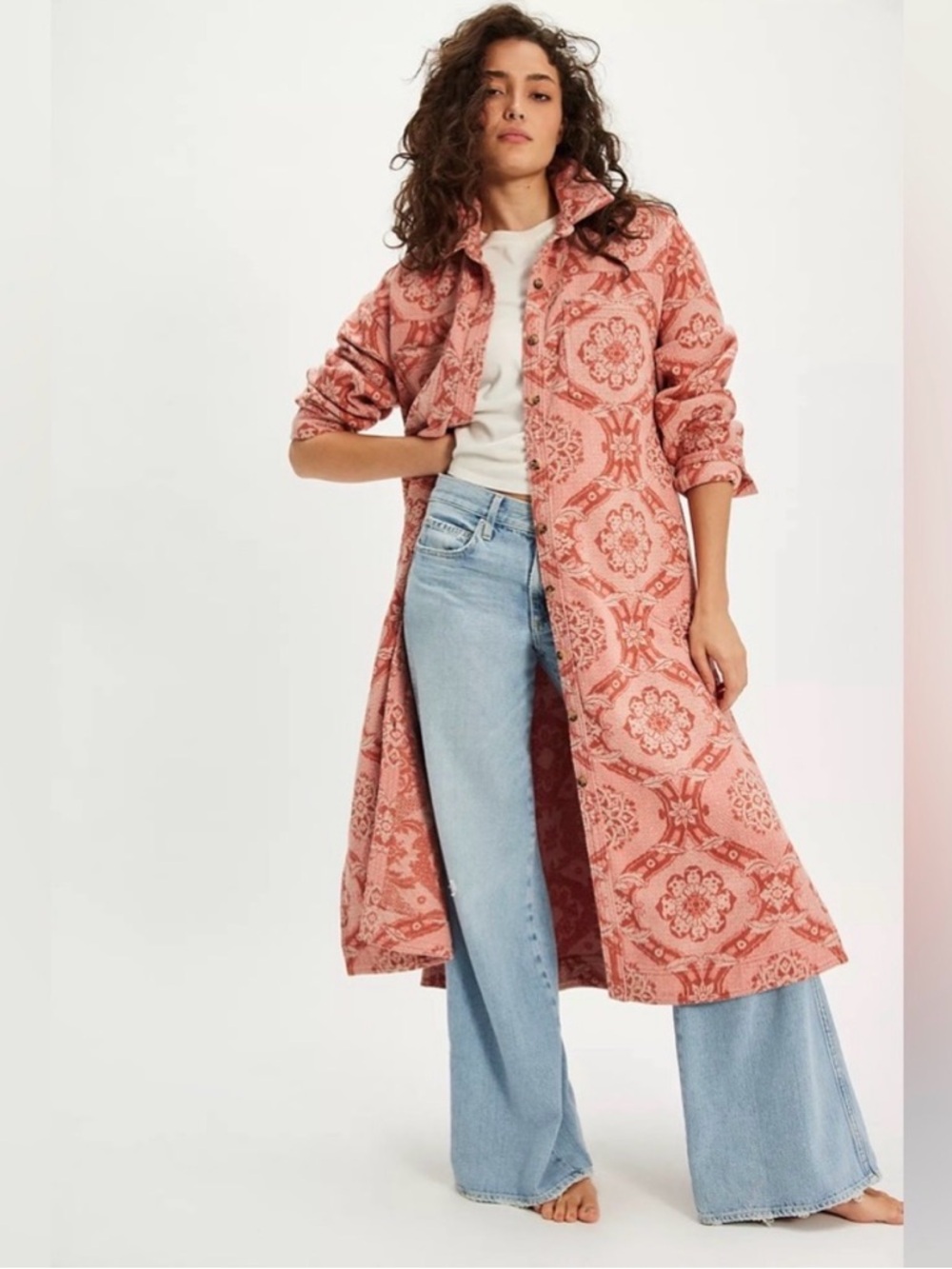 Free people We The Free Brick Lane Jacquard Maxi Shirt Jacket soft pink combo